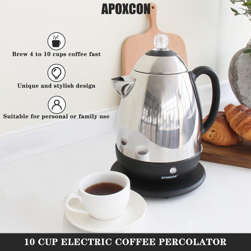 APOXCON Electric Coffee Percolator Stainless Steel Coffee Maker with Clear Brew Progress Knob and No-Drip Spout Auto Keep Warm & Cordless Serving Coffee pot with On/OFF Switch Fast Brew (10 Cup) - Image 3